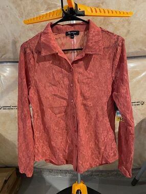 Transparent Lace Button-Front Blouse - Coral